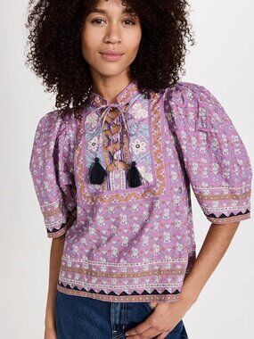 SEA New York Women's Perry Border Puff Sleeve Top Size Medium